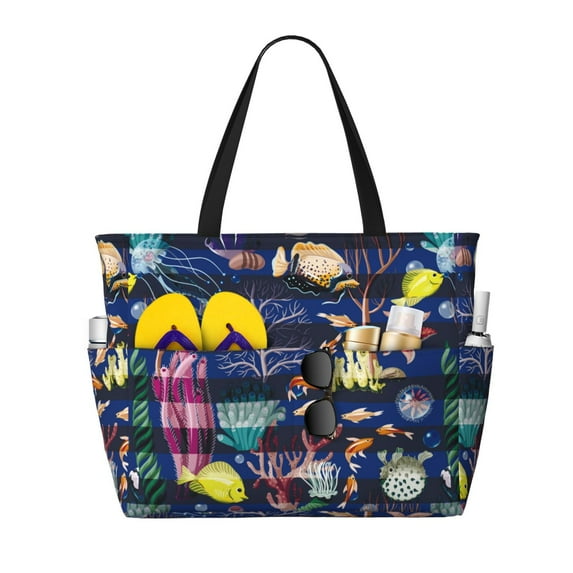 Goofa Sea Inhabitans and Herb Print Beach Bags Waterproof Beach Tote Bag Zipper Sandproof Swim Pool Bag Large Tote Beach Vacation Travel