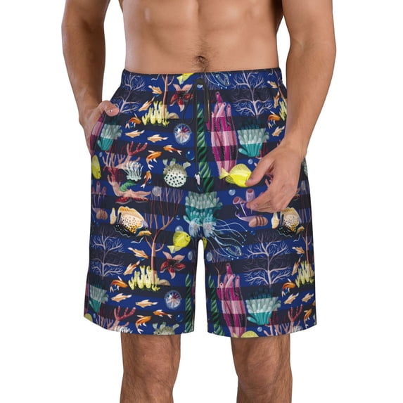 Goofa Sea Inhabitans and Herb Printed Mens Swim Trunks Summer Quick Dry Short Beach Swimwear Bathing Suits-Small