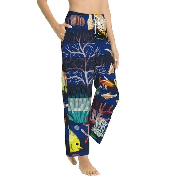 Goofa Sea Inhabitans and Herb Printed Soft Pajama Pants for Women, Wide Leg Comfy Casual Lounge Yoga Pants-Small