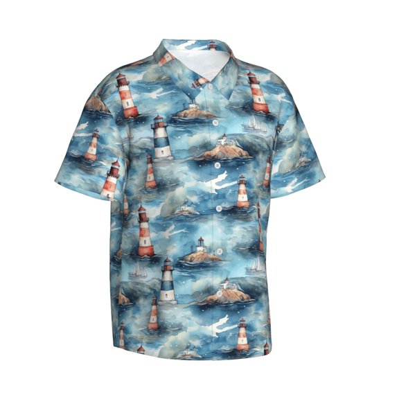 Goofa Sea Marine And Lighthouse Hawaiian Shirt for Men, Unisex Summer Beach Casual Short Sleeve Button Down Shirts,Aloha Tropical Floral print shirt-Medium