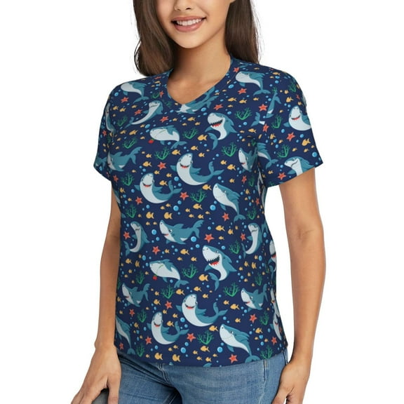 Goofa Sea Sharks Pattern Women's Slim-Fit Short-Sleeve V-Neck T-Shirt,Classic-Fit Short-Sleeve V-Neck T-Shirt-XX-Large