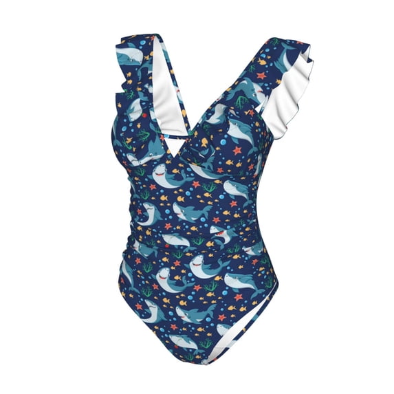 Goofa Sea Sharks Print Women's Ruffled One Piece Swimsuit V Neck