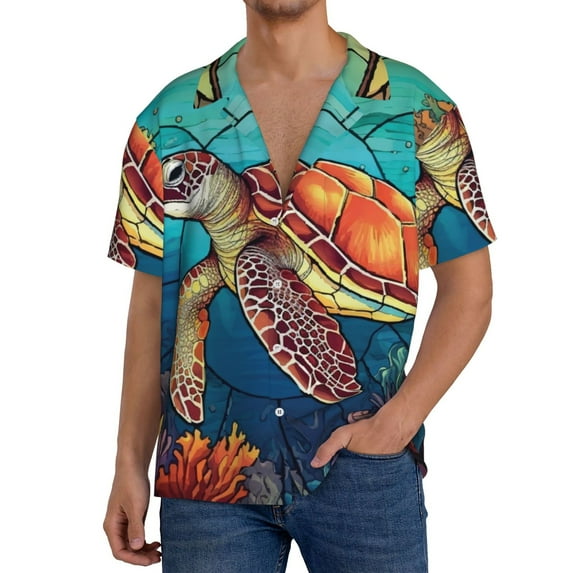 Goofa Sea Turtle in Coral Printed Men's Casual Short-sleeved Shirt,Lightweight Breathable Button-down,Summer Casual men's top,Versatile Fashion shirt-