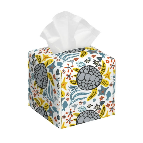 Goofa Sea Turtle Tissue Box Cover PVC Leather Tissue Holder Square Facial Tissue Case Facial Paper Organizer Dispenser for Bathroom, Vanity Countertop