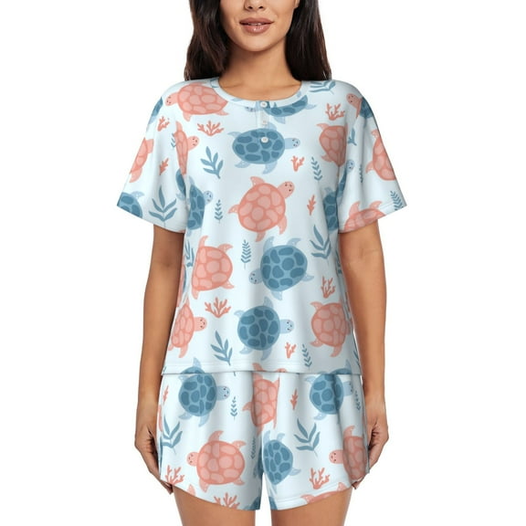 Goofa Sea Turtle for Womens Cotton 2 Piece Pajamas Set Classic Short Sleeve Pjs Set Soft Button Down Sleepwear Loungewear-Small