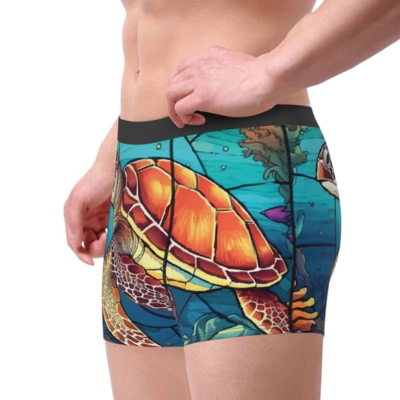 Goofa Sea Turtle in Coral Printed Men's Boxer Briefs Underwear, Moisture-Wicking Underwear, Trunk,Soft and Breathable Cotton Underwear-Medium