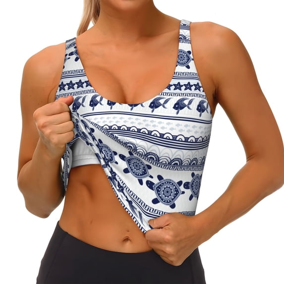 Goofa Sea Underwater Turtles Printed Sports Bras for Women, High Impact Running Bra Workout Crop Tank Tops Longline Sports Bra Push up-
