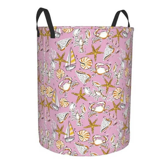 Goofa Seafood Printed Circular Hamper,Laundry Basket with Handles,Storage Baskets Foldable,Large Capacity Laundry Hamper-Small