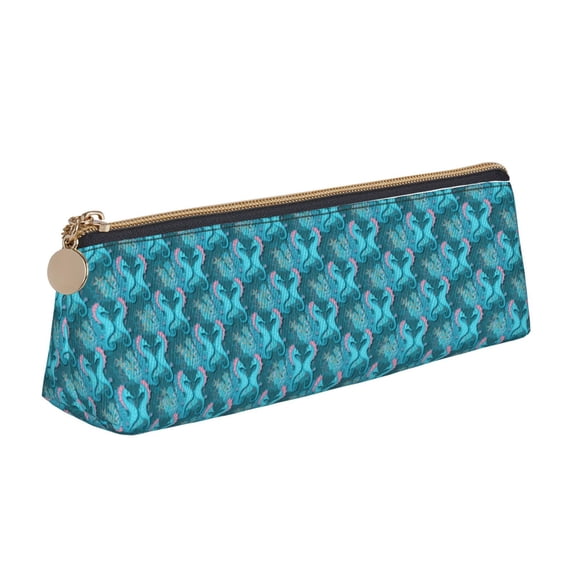 Goofa Seahorse Pattern Pencil Case Portable Stylish Triangle Pencil Pouch with Zipper Leather Cosmetic Pouch Bag Makeup Cosmetic Pencil Pouch