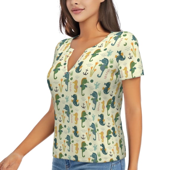 Goofa Seahorse Pattern Womens Deep V Neck Low Cut Tops Casual Summer Short Sleeve Ribbed Knit T-Shirts-Medium