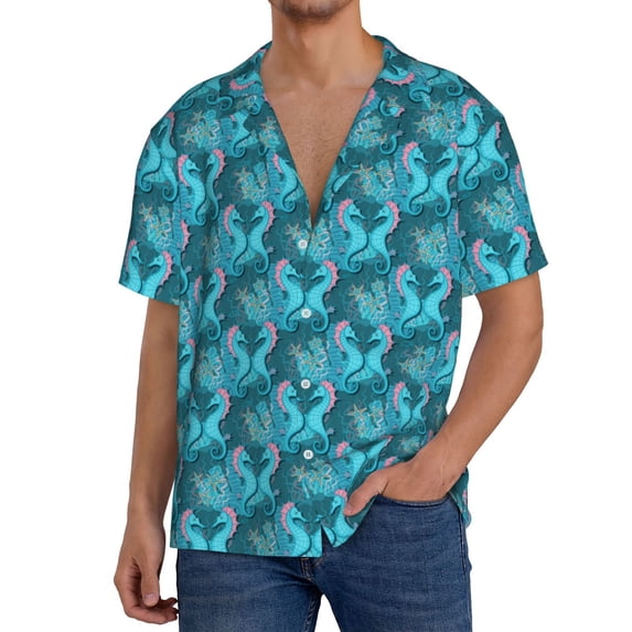 Goofa Seahorse Printed Men's Casual Short-sleeved Shirt,Lightweight Breathable Button-down,Summer Casual men's top,Versatile Fashion shirt-X-Large
