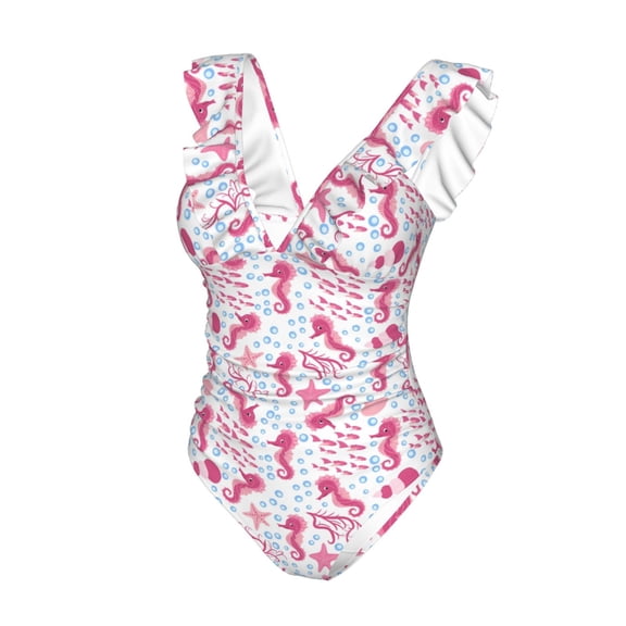 Goofa Seahorse and Starfish Print Women's Ruffled One Piece Swimsuit V Neck