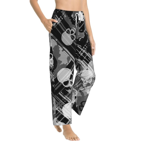 Goofa Seamless Pattern With Skulls Printed Soft Pajama Pants for Women, Wide Leg Comfy Casual Lounge Yoga Pants-X-Large