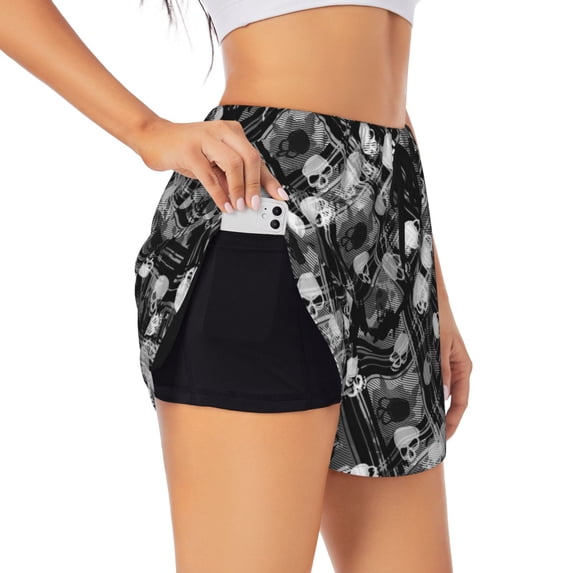 Goofa Seamless Pattern With Skulls Printed Women 2 in 1 Running Shorts,Quick Dry Athletic Workout Shorts,High Waisted Athletic Shorts with Liner Pockets-XX-Large