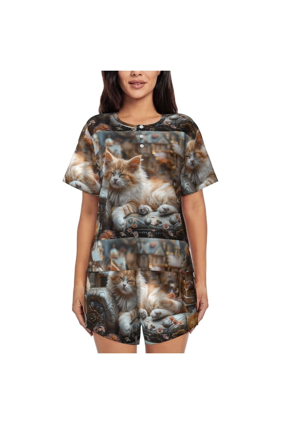 Serene Kitten Kingdom for Womens Cotton 2 Piece Pajamas Set Classic Short Sleeve Pjs Set Soft Button Down Sleepwear Loungewear-Small