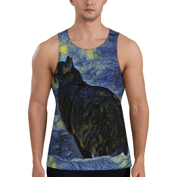 Goofa Shambhala Cat In Van Gogh Impressionist Pattern Men's Workout Tank Top Slim-Fit Tank Quick Dry Fit Muscle Tank Top Beach Tank Top Bodybuilding Sleeveless T Shirt-XX-Large