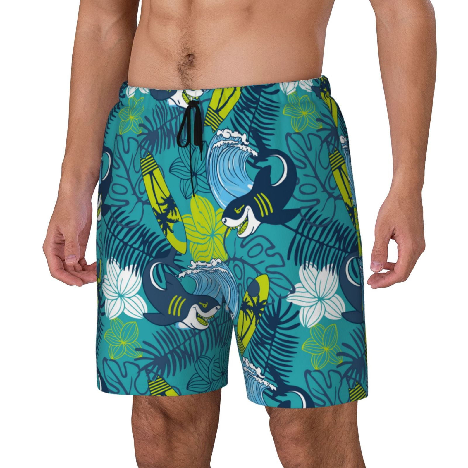 Goofa Shark And Leaves Printed Men's Swim Trunks Board Shorts Quick Dry ...