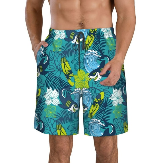 Goofa Shark And Leaves Printed Mens Swim Trunks Summer Quick Dry Short Beach Swimwear Bathing Suits-Small