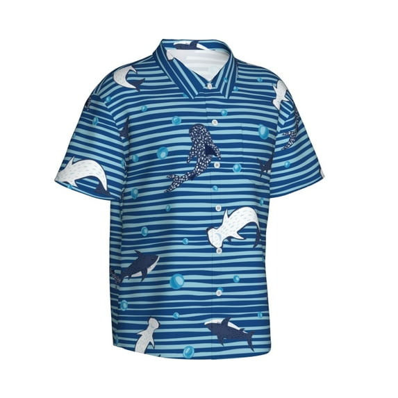 Goofa Sharks on White Blue Striped Hawaiian Shirt for Men, Unisex Summer Beach Casual Short Sleeve Button Down Shirts,Aloha Tropical Floral print shirt-Medium