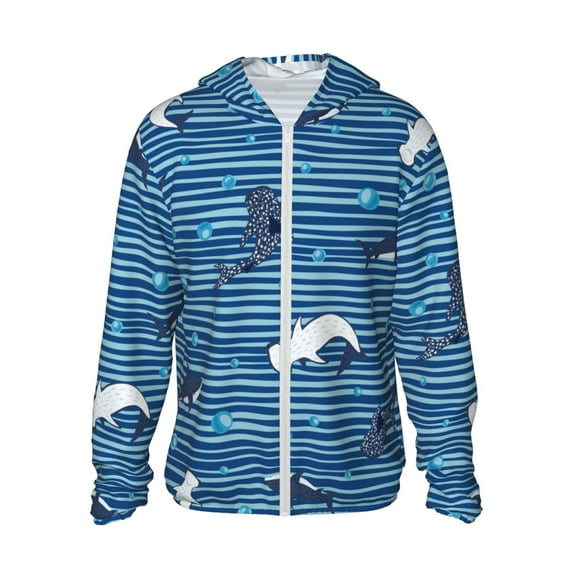 Goofa Sharks on White Blue Striped Printed Women's UPF 50+ Sun Protection Hoodie Jacket Lightweight Long Sleeve Sun Shirt for Women with Pocket Hiking Outdoor-Medium