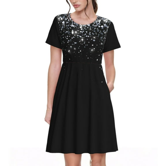 Goofa Silver Glitter1 Pattern Women Summer Short Sleeve Midi Dress with Pockets Casual Aline Flowy Tshirt Dress Vocation Beach Sundress