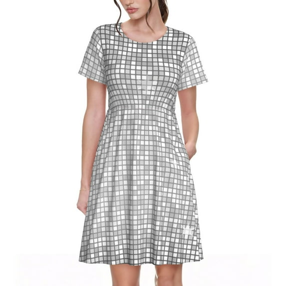 Goofa Silver Mosaic Pattern Women Summer Short Sleeve Midi Dress with Pockets Casual Aline Flowy Tshirt Dress Vocation Beach Sundress