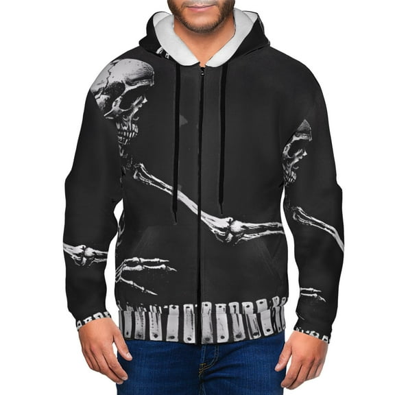 Goofa Skeleton Playing Xylophone Pattern Mens Full-zip Hoodie, Zip-up Pullover Hooded Sweatshirt, Kangaroo Pocket Hoodie Ideal for Daily Wear, Travel, and Home-XX-Large