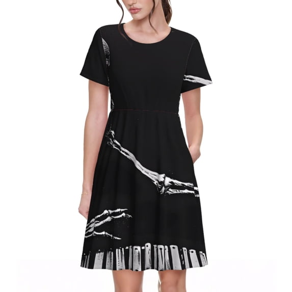Goofa Skeleton Playing Xylophone Pattern Women Summer Short Sleeve Midi Dress with Pockets Casual Aline Flowy Tshirt Dress Vocation Beach Sundress