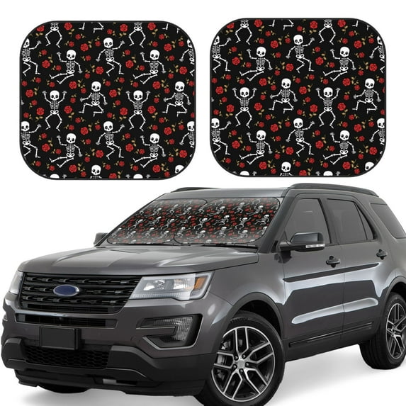 Goofa Skeleton with Roses Pattern 2 Piece Car Windshield Sun Shade Foldable | Front Windshield Shade for Sun, Heat and UV Rays | Sunshade for Car Front Window-