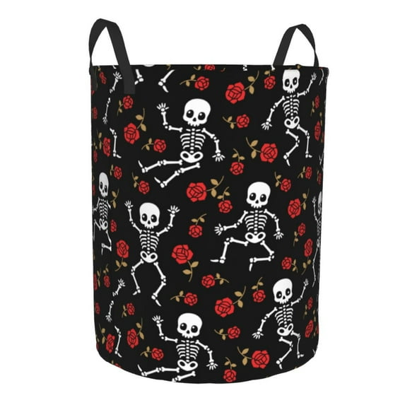 Goofa Skeleton with Roses Printed Circular Hamper,Laundry Basket with Handles,Storage Baskets Foldable,Large Capacity Laundry Hamper-Medium