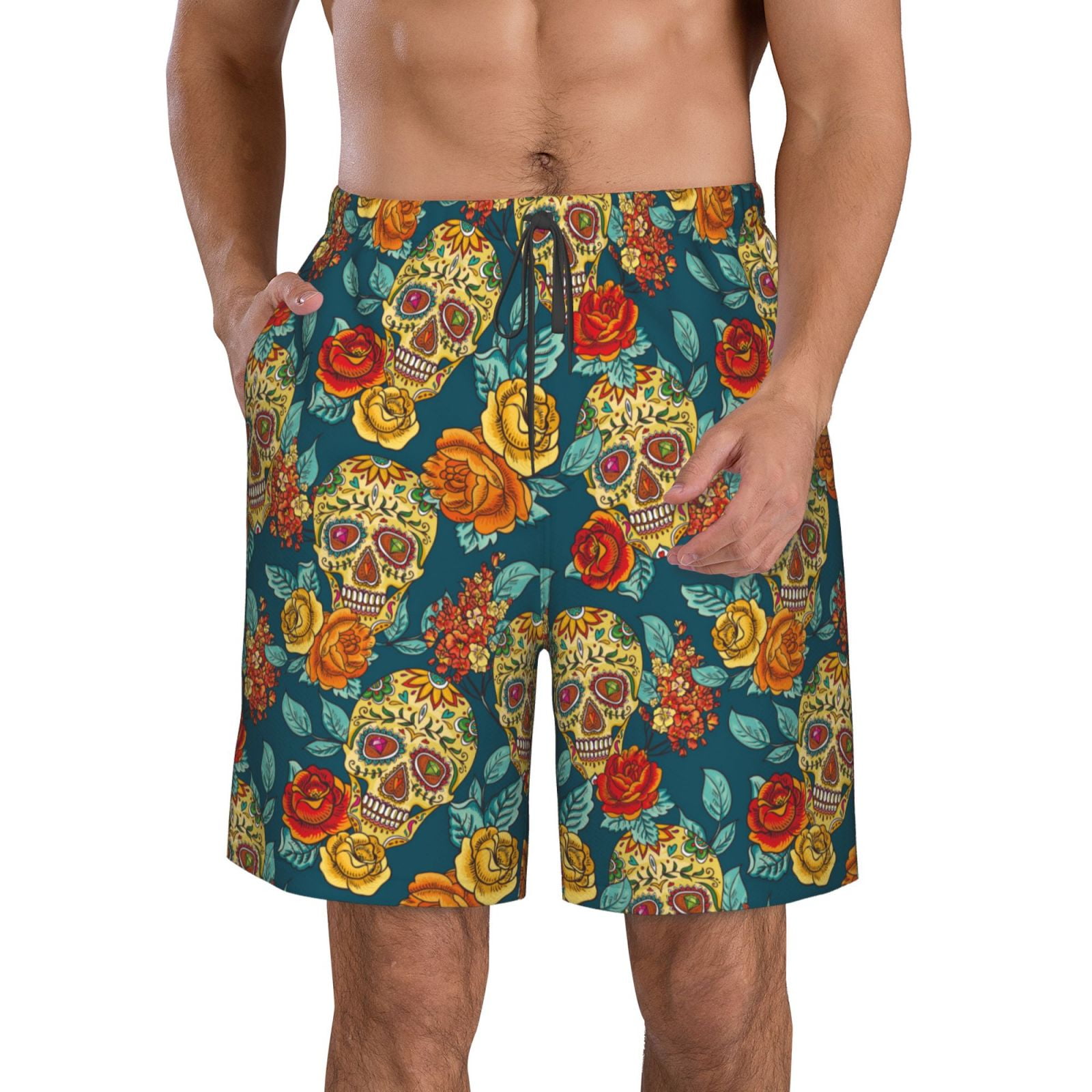 Goofa Skull And Flowers Printed Mens Swim Trunks Summer Quick Dry Short