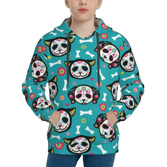 Goofa Skull Cat Pattern Hooded Sweatshirt for Youth Trendy youth sweatshirt Casual Hoodie for Boys and Girls-Medium
