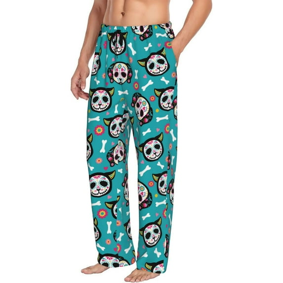 Goofa Skull Cat Printed Soft Pajama Pants for Men, Wide Leg Comfy Casual Lounge Yoga Pants-Small