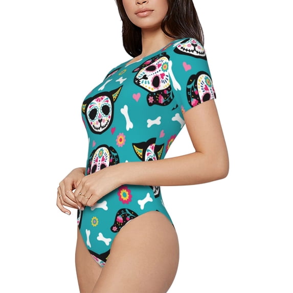 Goofa Skull Cat Printed Women Rash Guard Short Sleeve,Tummy control Swimsuit Surfing Swimsuit Bathing Suit One Piece Swimsuit UPF 50-Medium