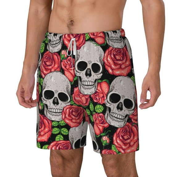 Goofa Skull and Roses Printed Men's Swim Trunks Board Shorts Quick Dry Mens Swimming Trunks with Compression Liner,Breathable Fit Hawaii Beach Shorts-X-Large