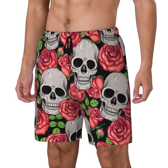 Goofa Skull and Roses Printed Men's Swim Trunks Board Shorts Quick Dry Mens Swimming Trunks with Compression Liner,Breathable Fit Hawaii Beach Shorts-X-Large