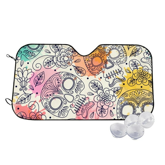 Goofa Skull and Flowers Printed Car Windshield Sunshade,Foldable Reflective Sun Visor,UV Protection Heat Blocker Sunshade,Car Cooling Accessory-Small