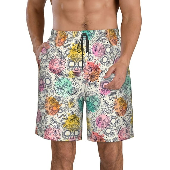 Goofa Skull and Flowers Printed Mens Swim Trunks Summer Quick Dry Short Beach Swimwear Bathing Suits-Medium