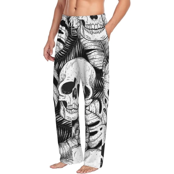 Goofa Skull and palm leaves Printed Soft Pajama Pants for Men, Wide Leg Comfy Casual Lounge Yoga Pants-X-Large