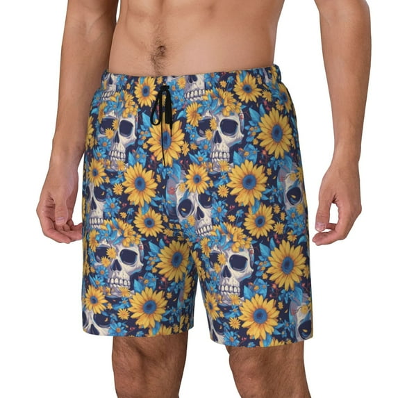 Goofa Skull daisy yellow blue Printed Men's Swim Trunks Board Shorts Quick Dry Mens Swimming Trunks with Compression Liner,Breathable Fit Hawaii Beach Shorts-3X-Large