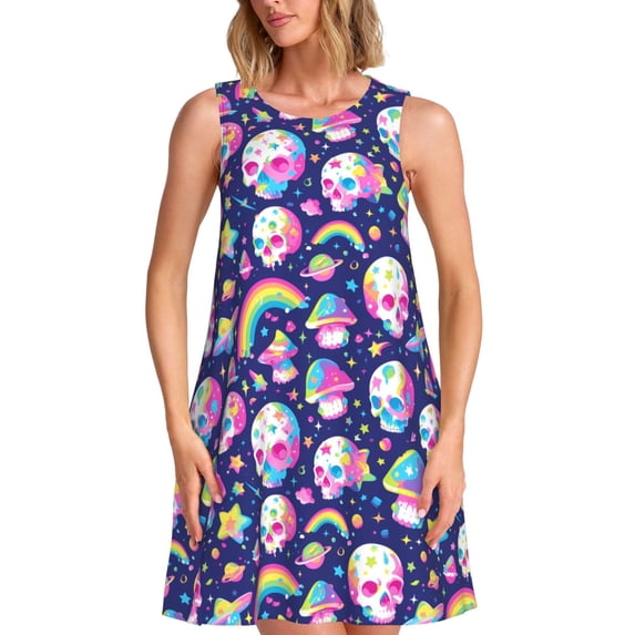 Goofa Skull mushroom rainbow space for Summer Dresses for Women – Beach Floral Sundress, Casual Pockets Boho Tank Dress for Hot Days