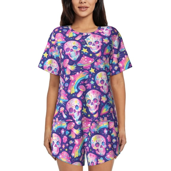 Goofa Skull rainbow mushroom colorful for Womens Cotton 2 Piece Pajamas Set Classic Short Sleeve Pjs Set Soft Button Down Sleepwear Loungewear-Medium
