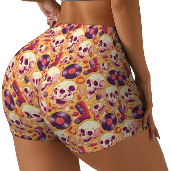 Goofa Skull rock record Printed Workout Shorts Women Seamless Scrunch Butt Lifting High Waisted Gym Booty Shorts Elastic Workout Shorts-Medium