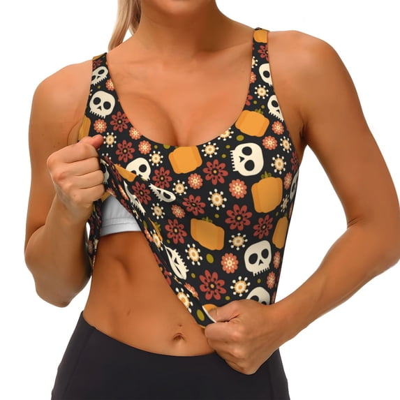 Goofa Skulls Printed Sports Bras for Women, High Impact Running Bra Workout Crop Tank Tops Longline Sports Bra Push up-Small