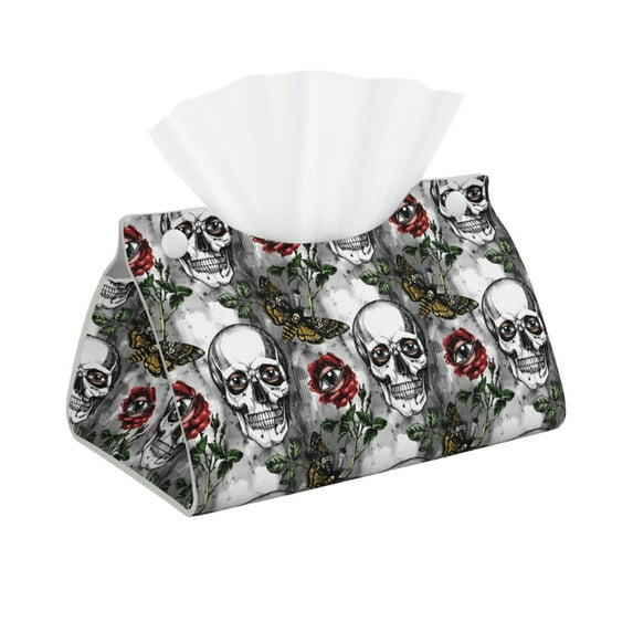 Goofa Skulls Roses Pattern Triangle Square Tissue Box Cover, Modern PVC Leathe Facial Paper Holder,Decorative Holder/Organizer for Bathroom Vanity Countertop