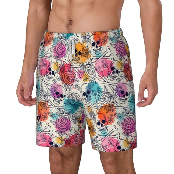 Goofa Skulls and Roses Printed Men's Swim Trunks Board Shorts Quick Dry Mens Swimming Trunks with Compression Liner,Breathable Fit Hawaii Beach Shorts-Small
