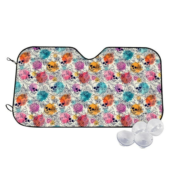 Goofa Skulls and Roses Printed Car Windshield Sunshade,Foldable Reflective Sun Visor,UV Protection Heat Blocker Sunshade,Car Cooling Accessory-Small