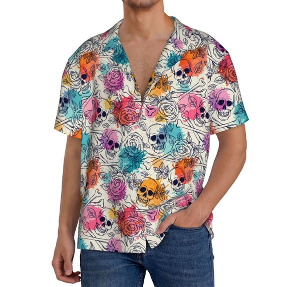 Goofa Skulls and Roses Printed Men's Casual Short-sleeved Shirt,Lightweight Breathable Button-down,Summer Casual men's top,Versatile Fashion shirt-