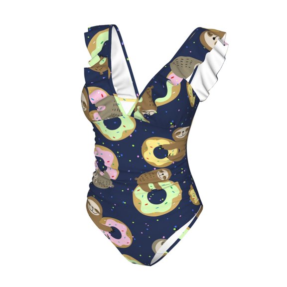 Goofa Sloth with Donuts Print Women's Ruffled One Piece Swimsuit V Neck
