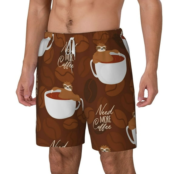 Goofa Sloths Need More Coffee Printed Men's Swim Trunks Board Shorts Quick Dry Mens Swimming Trunks with Compression Liner,Breathable Fit Hawaii Beach Shorts-Medium